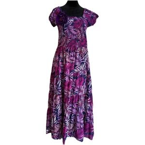 Soft Surroundings Smocked Floral Print Maxi Dress Size M Purple Blue Pink